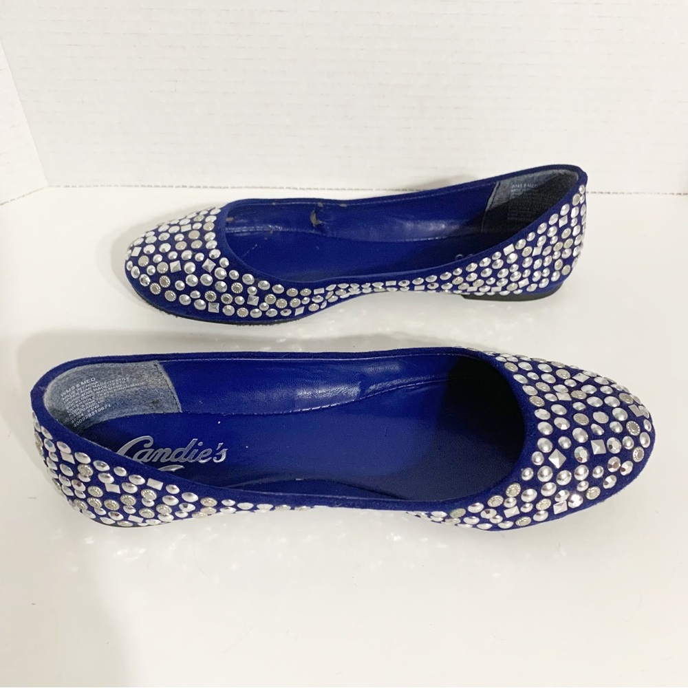 Candies Faux Suede Covered in Silver Toned Studs Rounded Toe Ballet Flats Royal - Picture 3 of 13